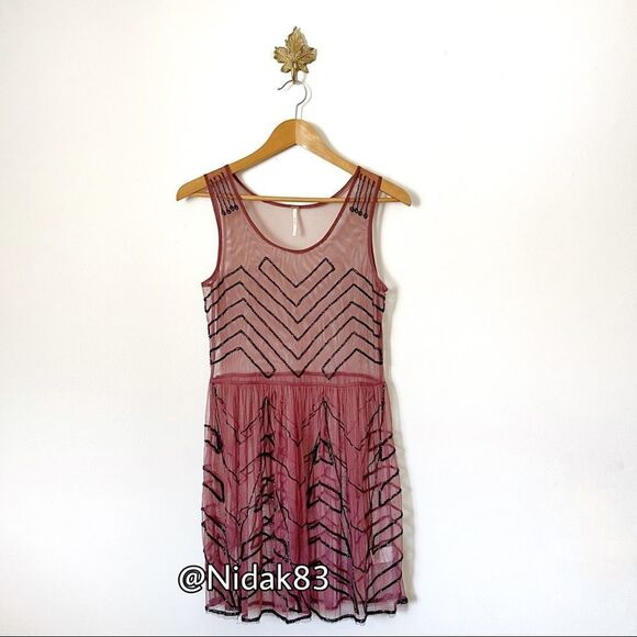 Free People Maroon embellished beaded mini slip dress preowned size Small - Picture 1 of 6